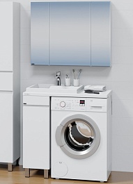 СанТа Мебель для ванной под стиральную машину Марс 90 L с зеркальным шкафом Стандарт 90 белая/светлое дерево – фотография-1