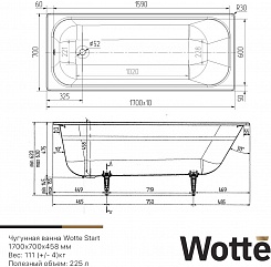Wotte Ванна чугунная Start 170х70 c отверстиями для ручек – фотография-6