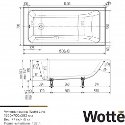 Wotte Ванна чугунная Line 150х70 – фотография-3