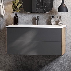 Акватон Мебель для ванной Сохо 100 R подвесная дуб веллингтон/графит софт – фотография-3
